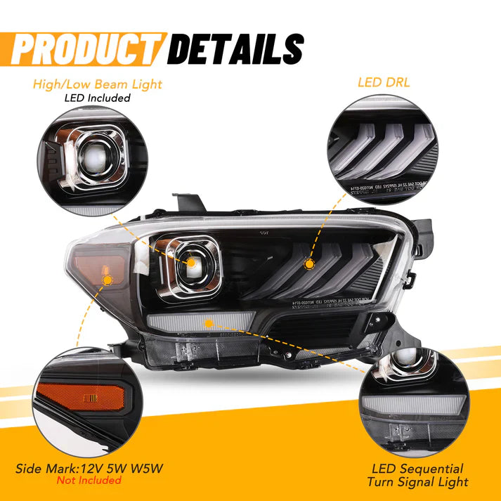 Winjet 2016-2019 Toyota Tacoma/2020-2023 Tacoma SR SR5 TRD Sport DRL Head Lights - Glossy Black/Clear