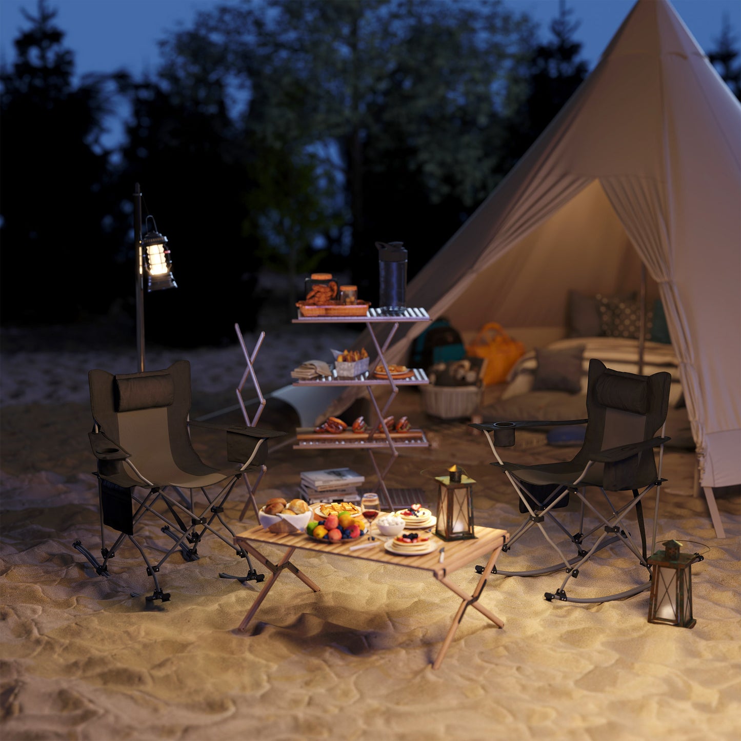 Folding Rocking Camping Chairs, Portable Chairs With Headrest, Cooler Bag, Cup Holder, Carry Bag, 2 Pack, Black