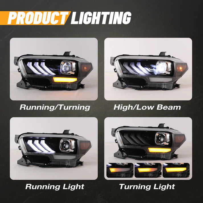 Winjet 2016-2019 Toyota Tacoma/2020-2023 Tacoma SR SR5 TRD Sport DRL Head Lights - Glossy Black/Clear