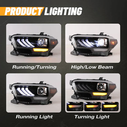 Winjet 2016-2019 Toyota Tacoma/2020-2023 Tacoma SR SR5 TRD Sport DRL Head Lights - Glossy Black/Clear