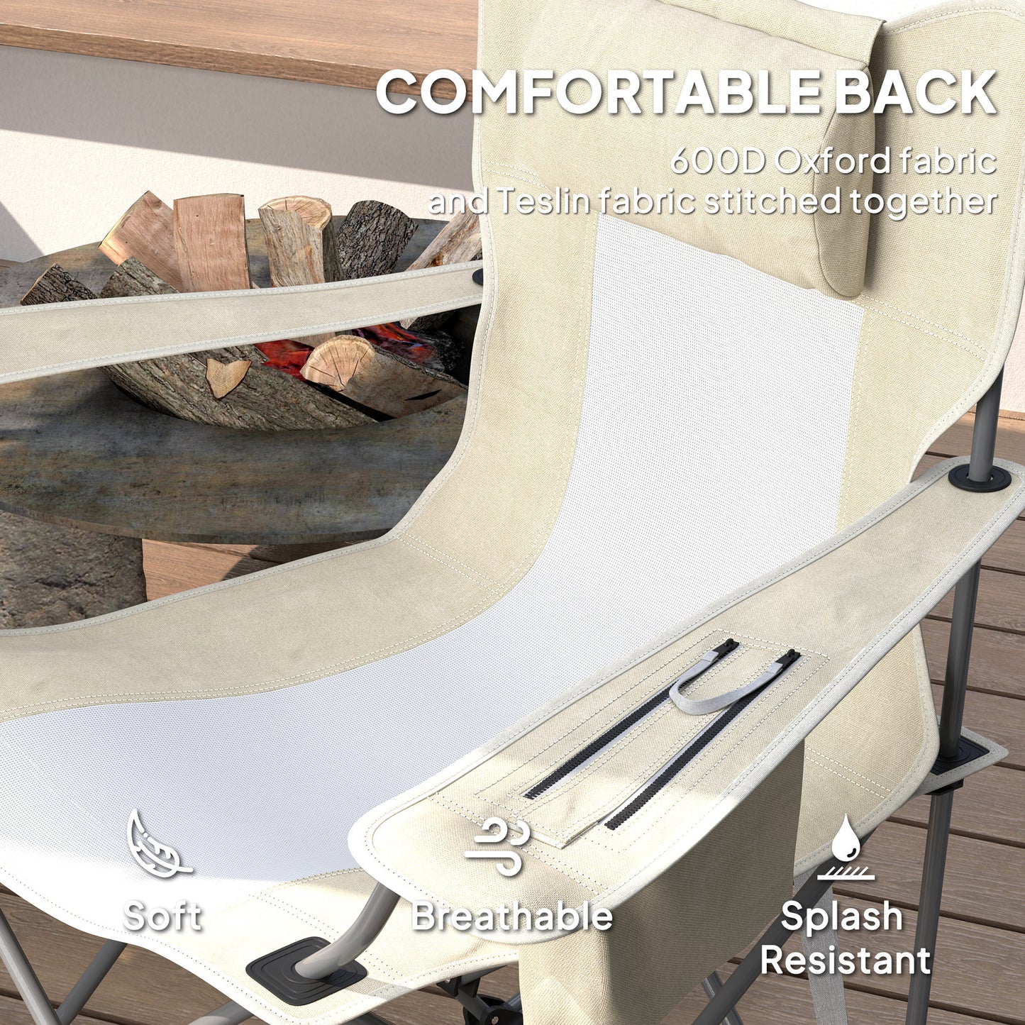 Folding Rocking Camping Chairs, Portable Chairs With Headrest, Cooler Bag, Cup Holder, Carry Bag, 2 Pack, Cream