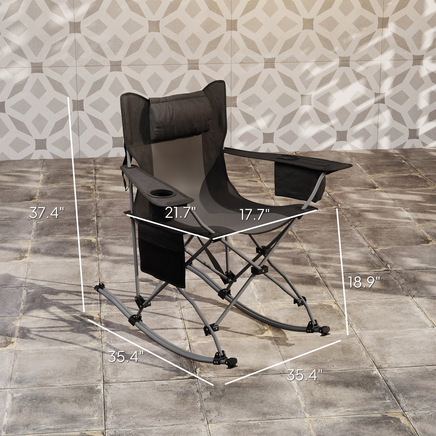 Folding Rocking Camping Chairs, Portable Chairs With Headrest, Cooler Bag, Cup Holder, Carry Bag, 2 Pack, Black