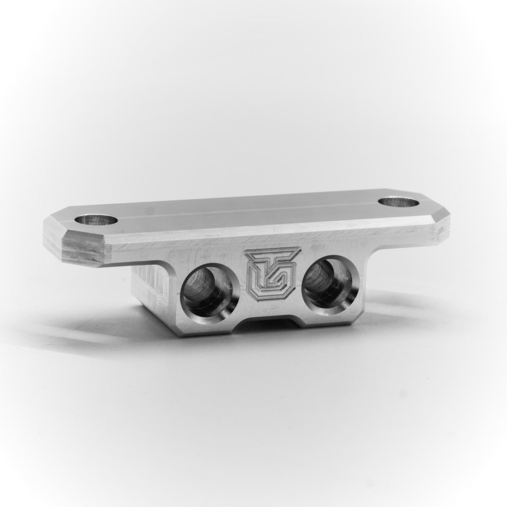Billet aluminum Rotopax mount adapter for extrusion roof rack cross bars.