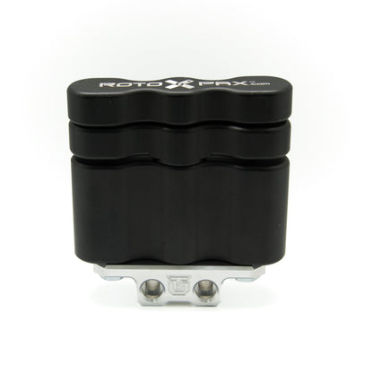 Billet aluminum Rotopax mount adapter for extrusion roof rack cross bars.