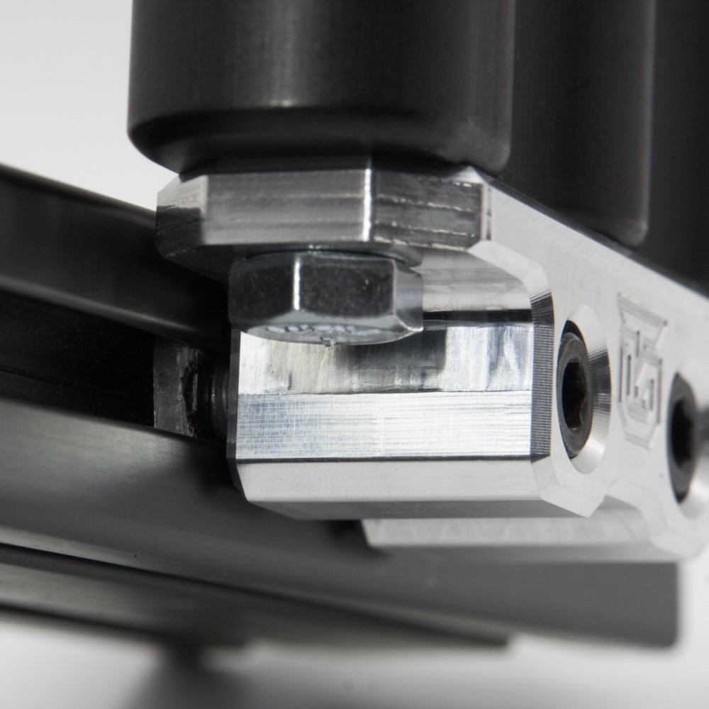 Billet aluminum Rotopax mount adapter for extrusion roof rack cross bars.