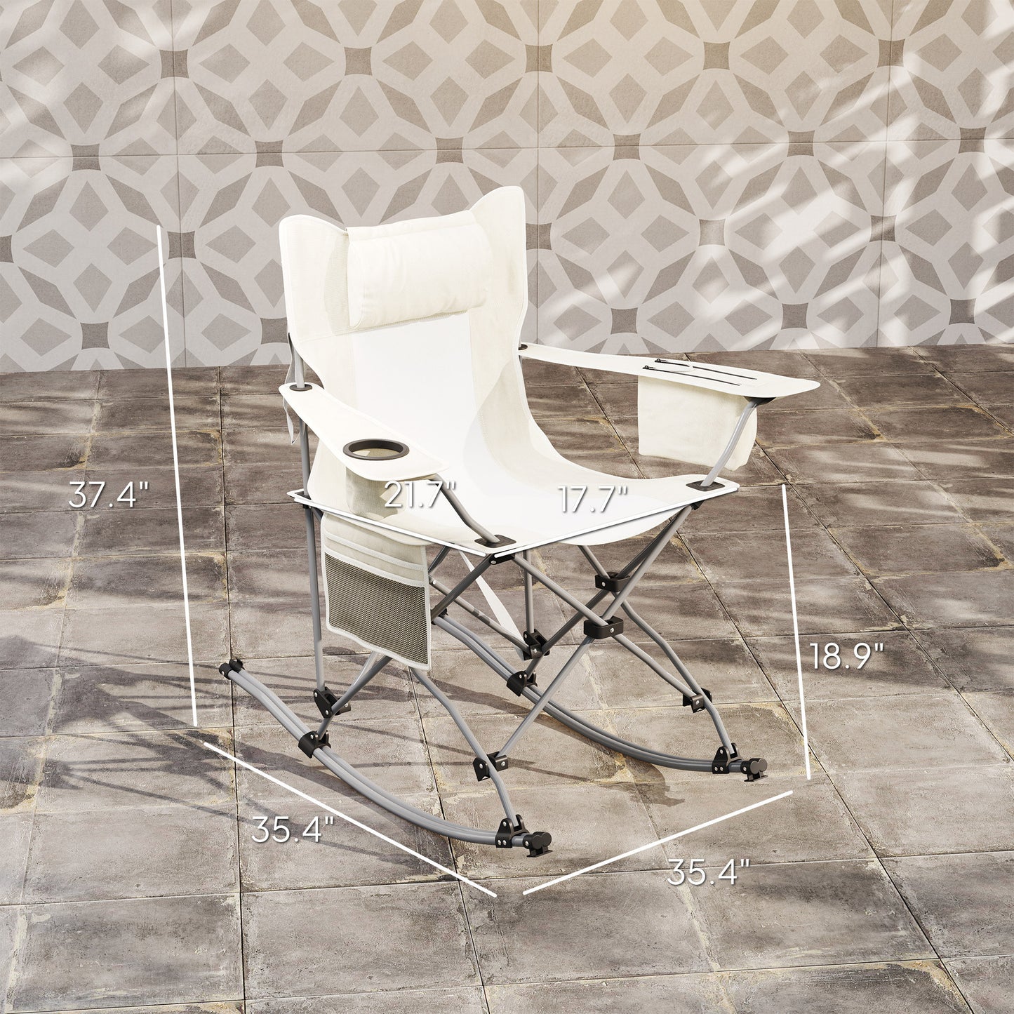 Folding Rocking Camping Chairs, Portable Chairs With Headrest, Cooler Bag, Cup Holder, Carry Bag, 2 Pack, Cream