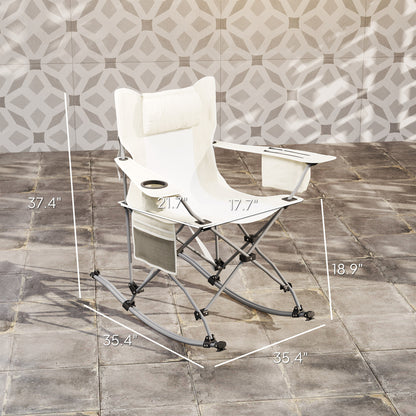 Folding Rocking Camping Chairs, Portable Chairs With Headrest, Cooler Bag, Cup Holder, Carry Bag, 2 Pack, Cream