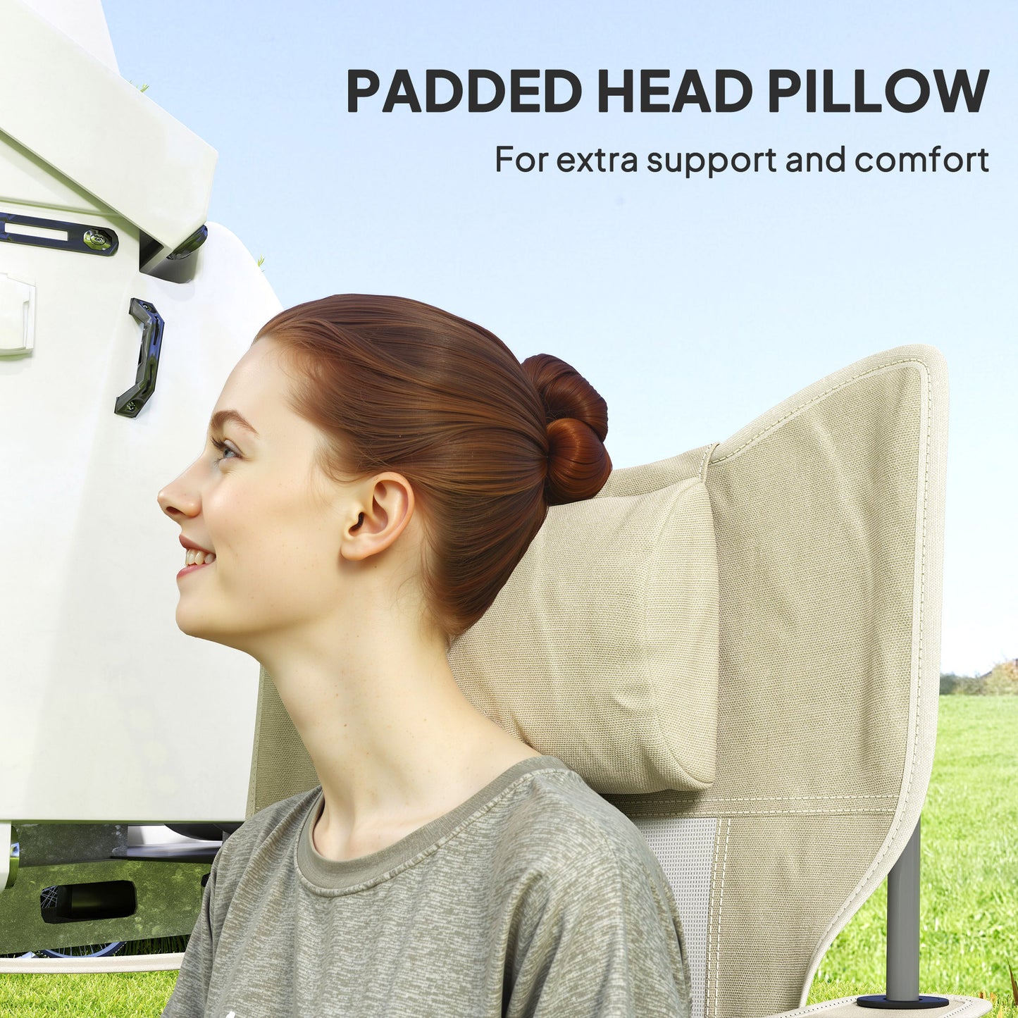 Folding Rocking Camping Chairs, Portable Chairs With Headrest, Cooler Bag, Cup Holder, Carry Bag, 2 Pack, Cream