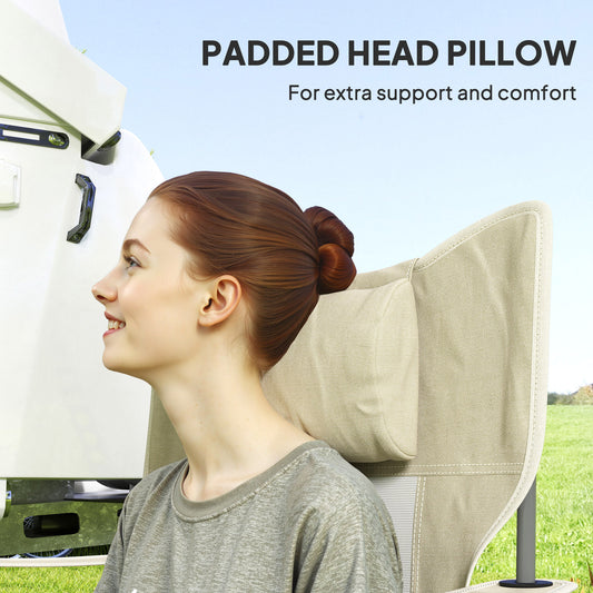 Folding Rocking Camping Chairs, Portable Chairs With Headrest, Cooler Bag, Cup Holder, Carry Bag, 2 Pack, Cream