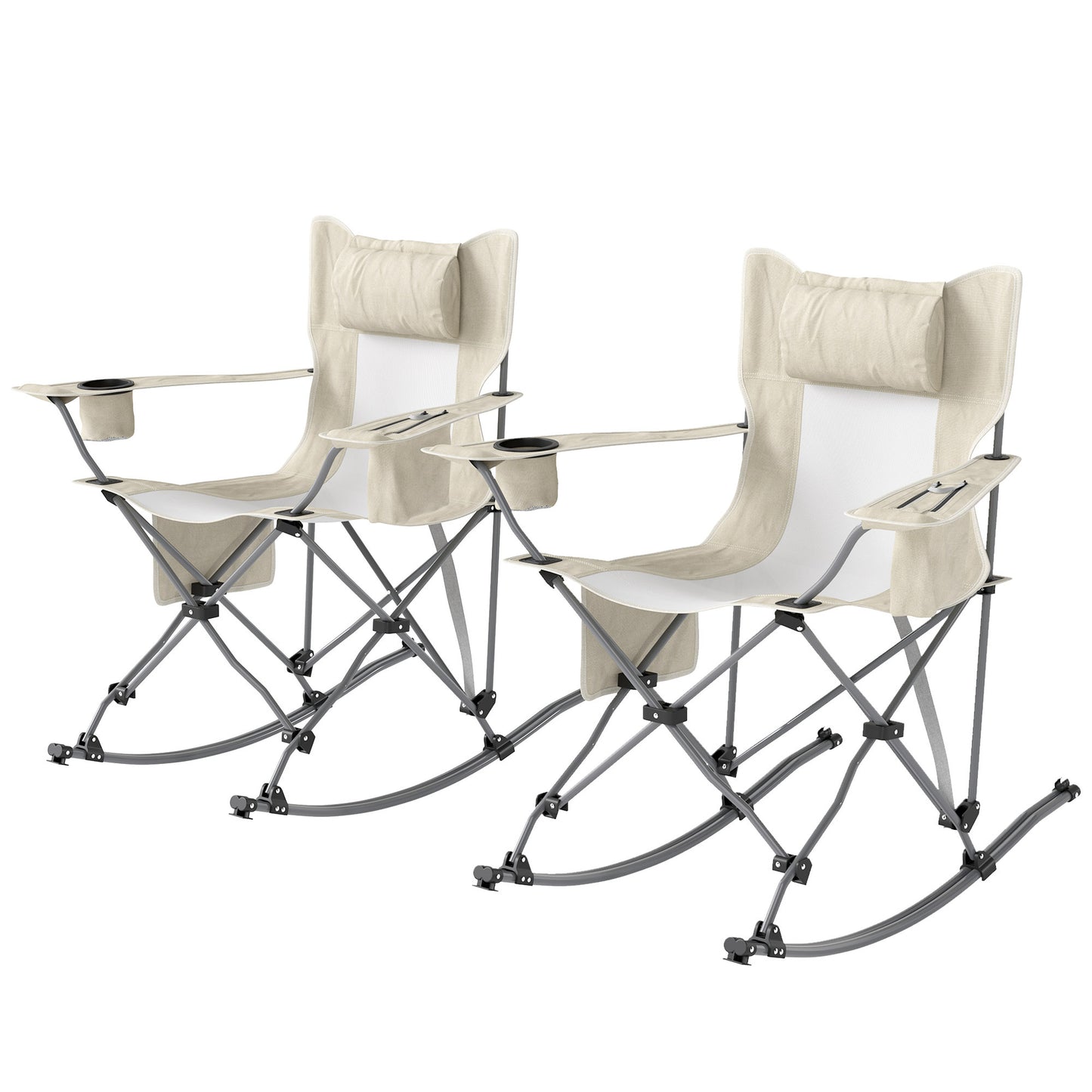 Folding Rocking Camping Chairs, Portable Chairs With Headrest, Cooler Bag, Cup Holder, Carry Bag, 2 Pack, Cream